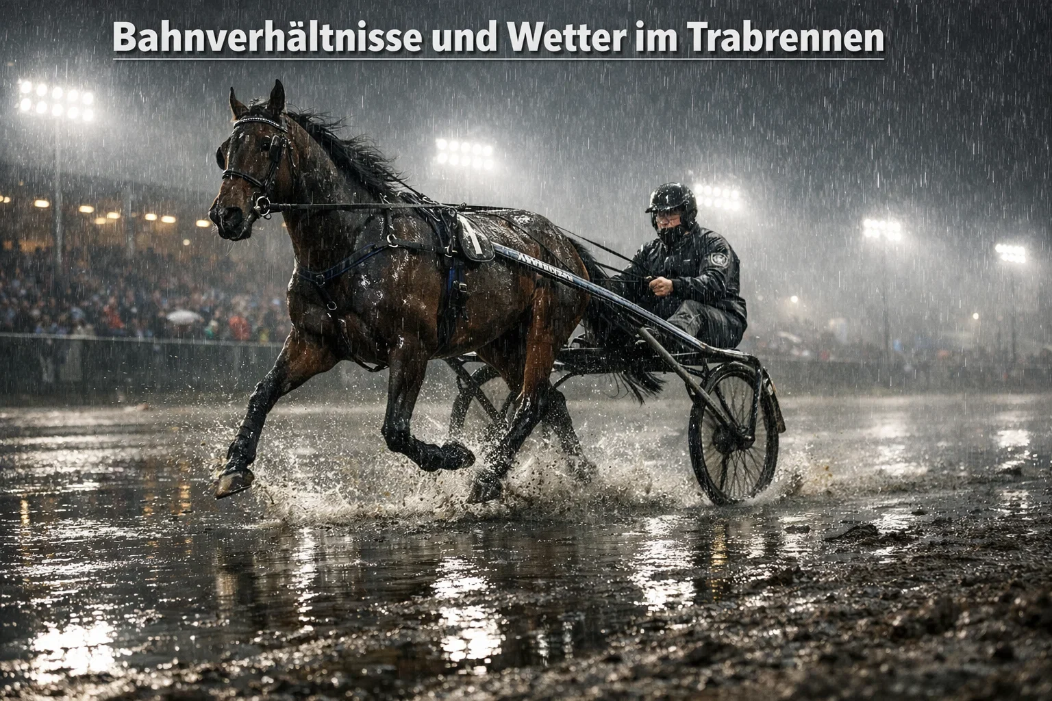 Nasse Trabrennbahn bei Regen mit Pfützen auf der Sandoberfläche im Flutlicht