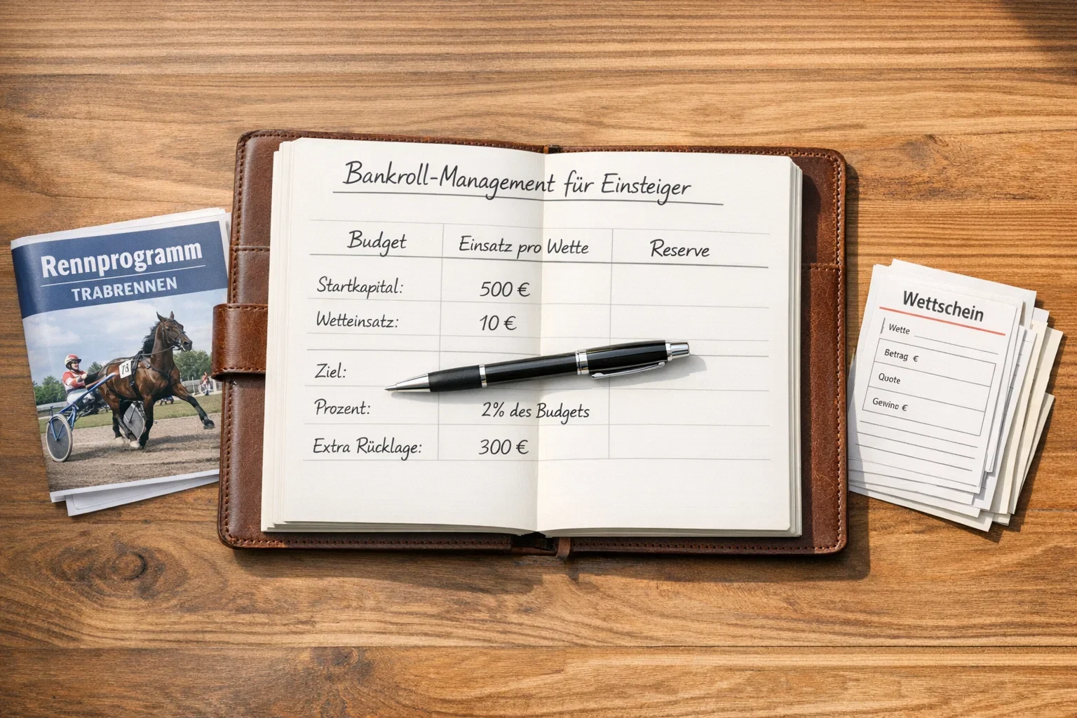 Notizbuch mit Budgetplanung und Stift neben einem Rennprogramm – Bankroll-Management