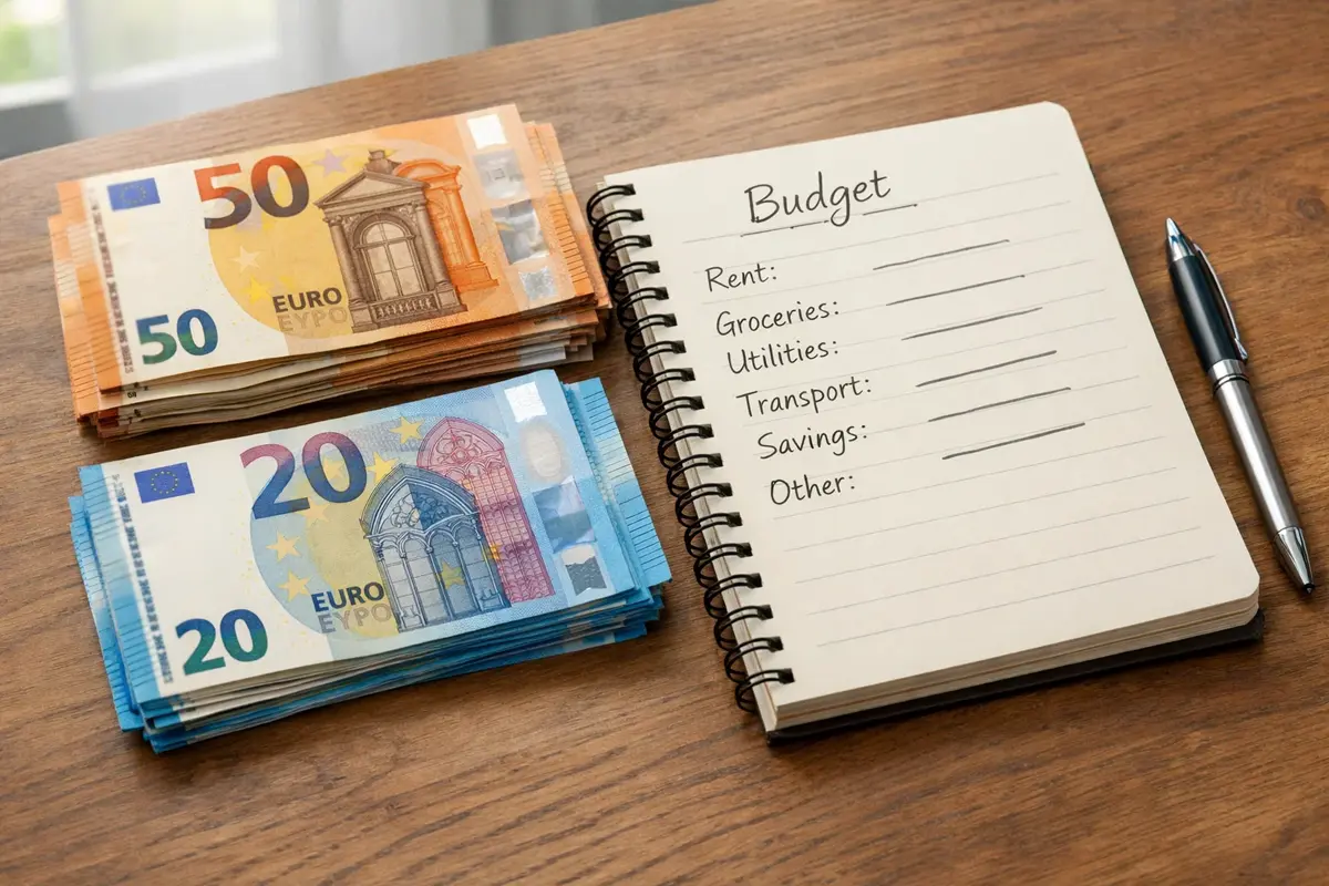 Geordnete Euro-Scheine neben einem Taschenrechner