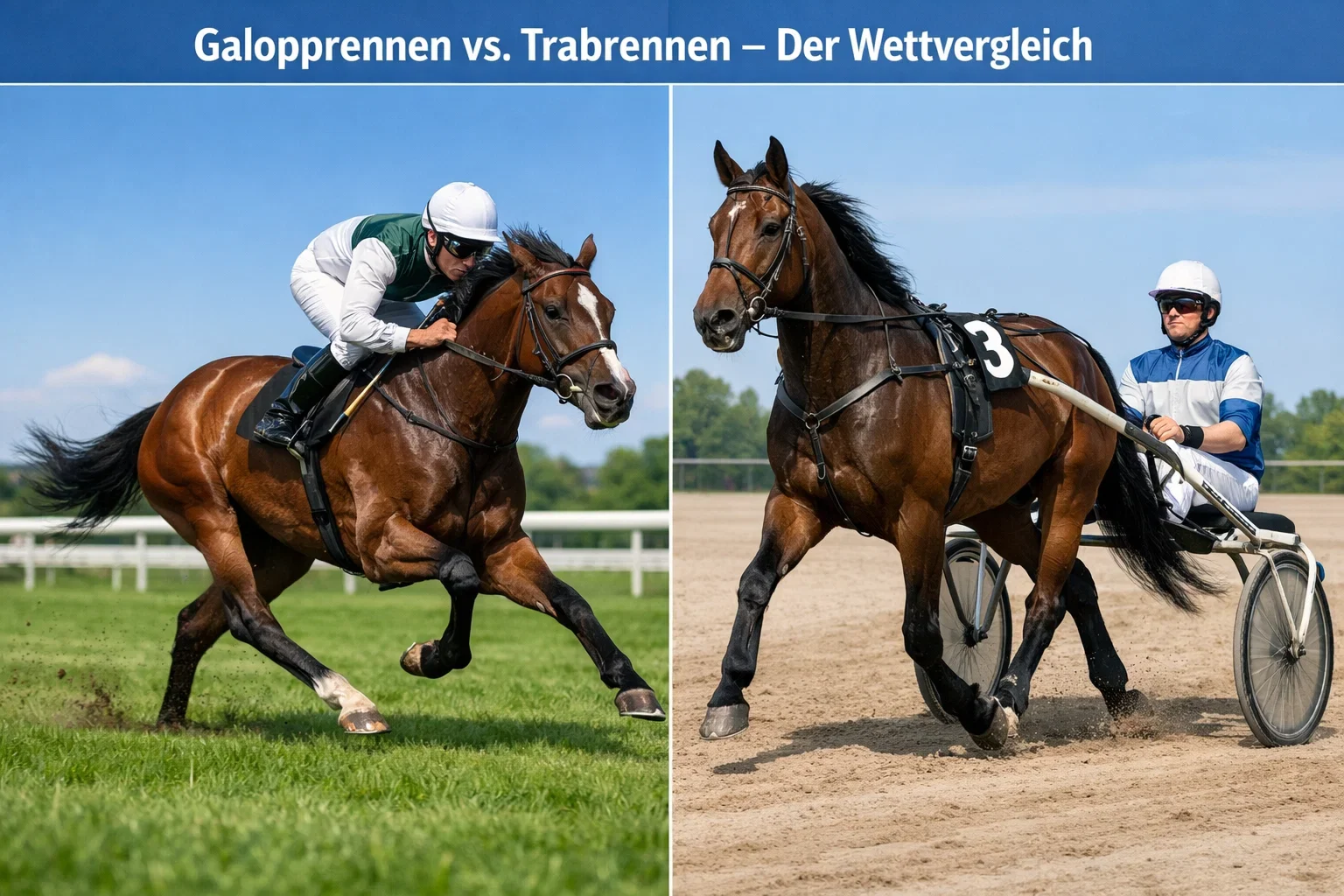 Geteiltes Bild: Galopper auf Rasen und Traber mit Sulky auf Sandbahn im Vergleich