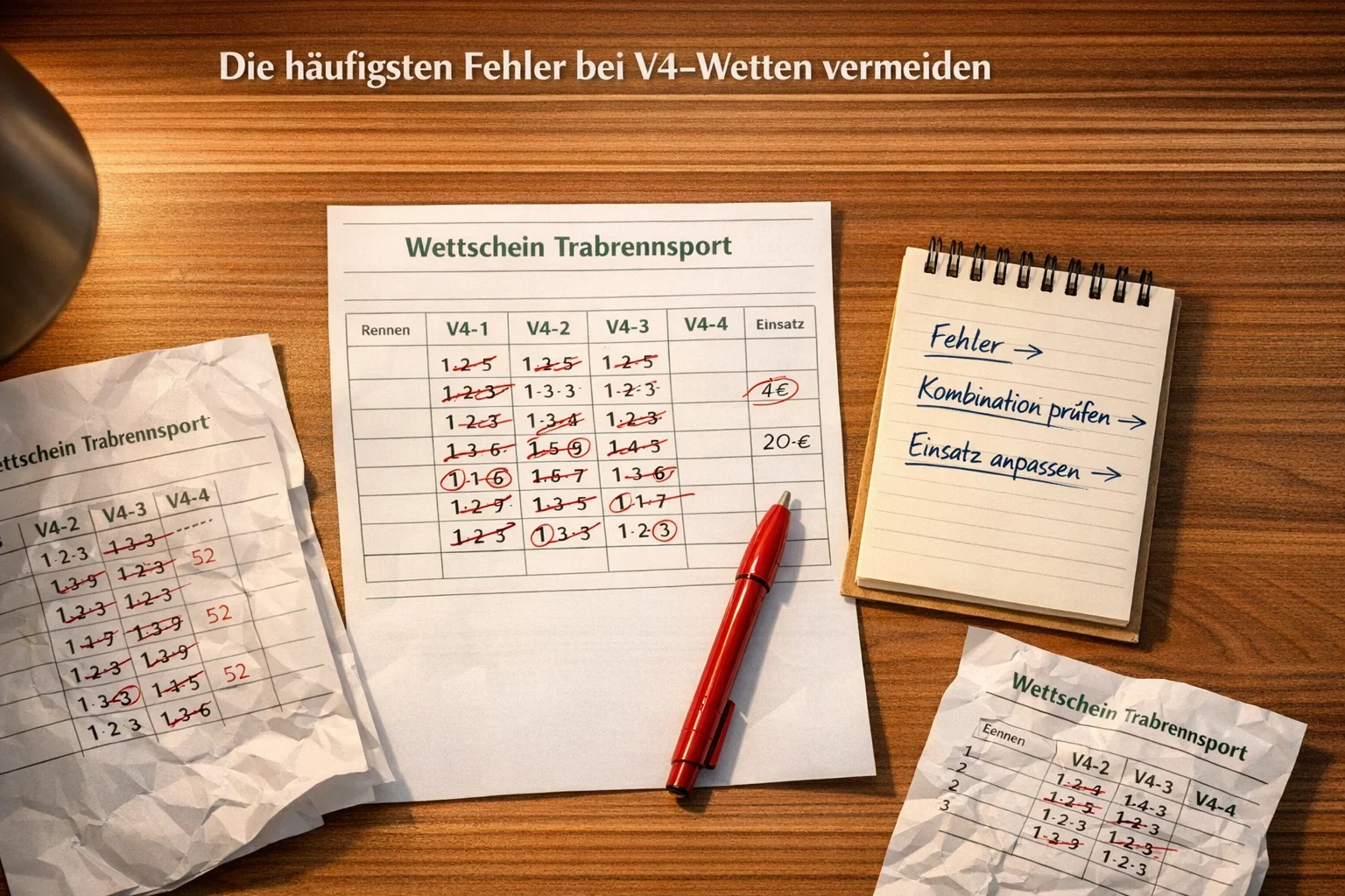 Durchgestrichener Wettschein mit Korrekturnotizen auf einem Schreibtisch