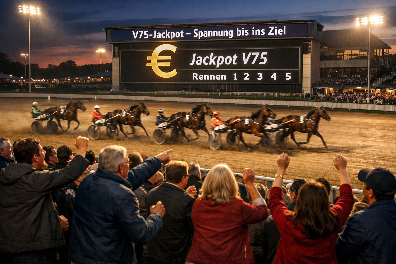 Jubelnde Zuschauer an der Trabrennbahn bei einer Jackpot-Runde