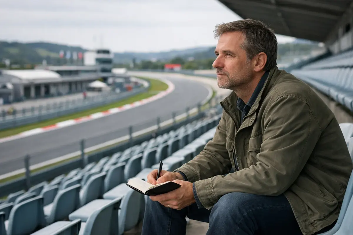 Nachdenklicher Mann mit Notizblock an der Rennbahn