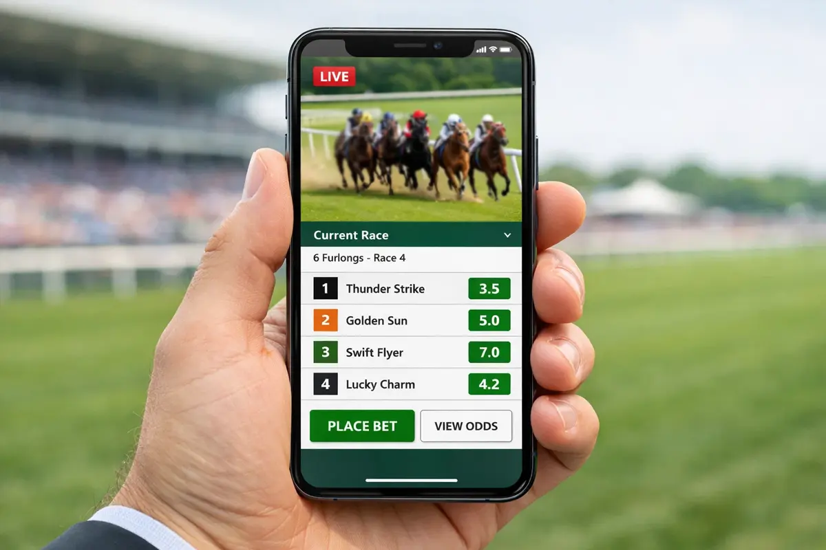 Modernes Smartphone zeigt Pferdewetten-App mit Live-Rennen