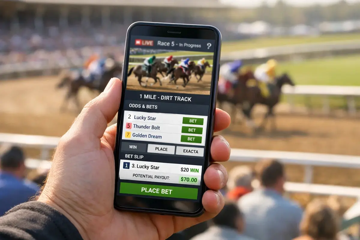 Hand hält Smartphone mit Pferdewetten-App beim Rennen