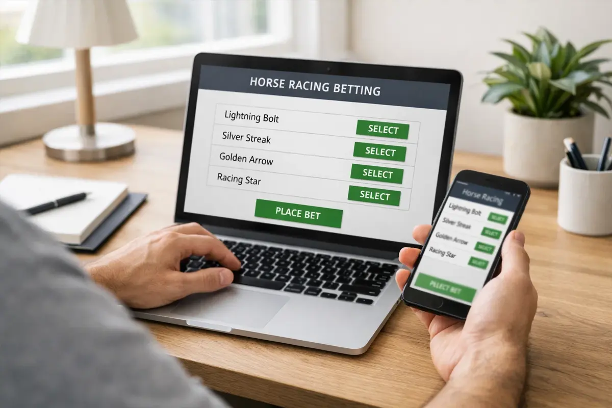 Person nutzt Smartphone und Laptop für Online-Pferdewetten