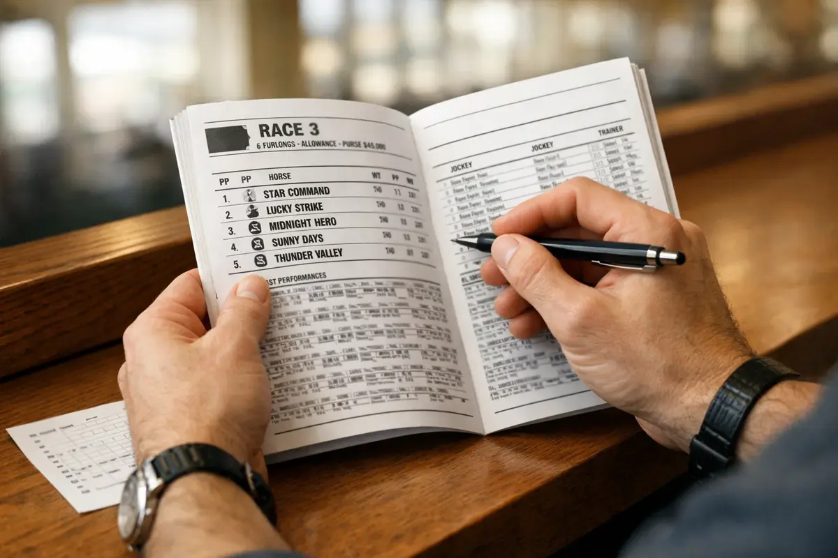 Person analysiert Rennprogramm und füllt Wettschein für Pferdewetten aus