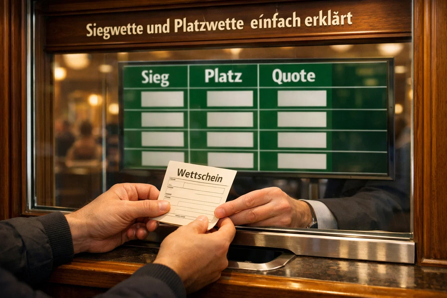Totalisator-Schalter an einer Pferderennbahn mit Wettzetteln