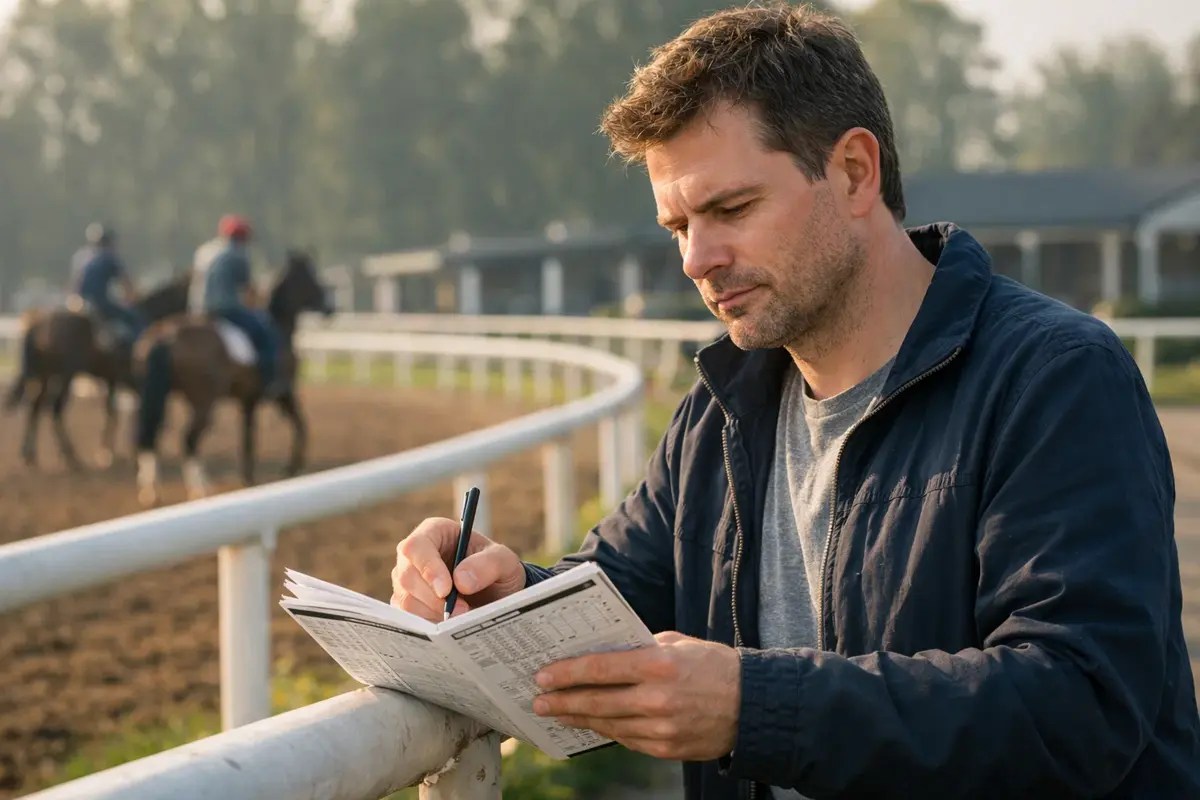 Person analysiert Rennformular vor einem Pferderennen