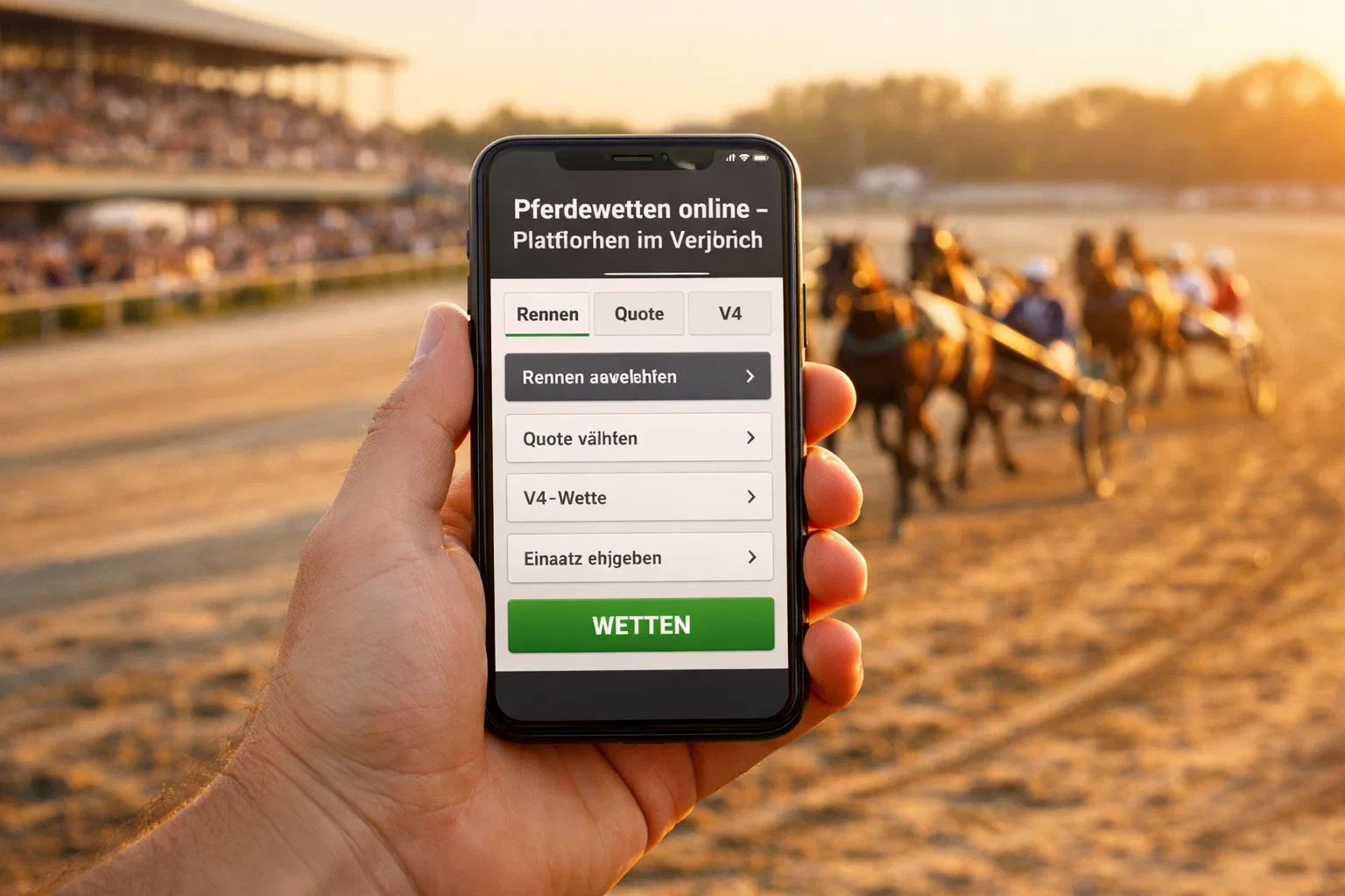 Smartphone mit Pferdewetten-App und Trabrennen im Hintergrund