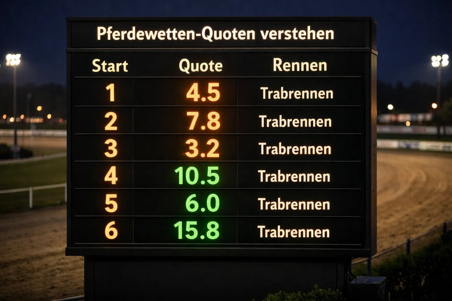 Quotenanzeige an einer Trabrennbahn mit leuchtenden Zahlen vor dem Rennstart