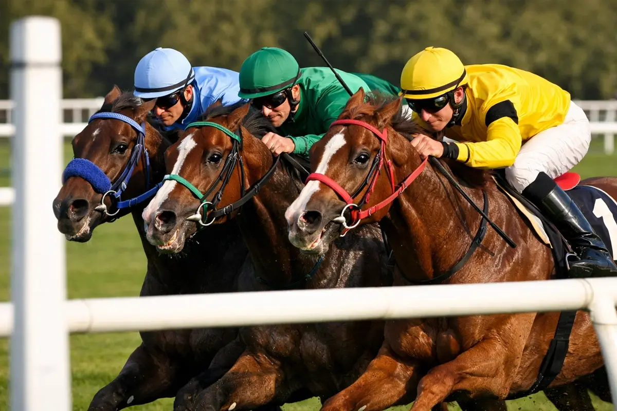 Drei Rennpferde im engen Zieleinlauf