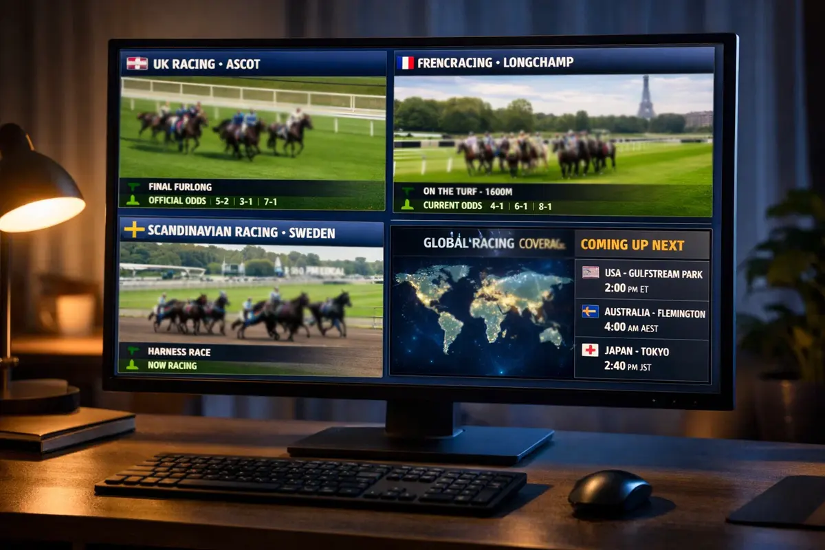 Desktop-Computer zeigt internationale Pferderennen-Übertragung