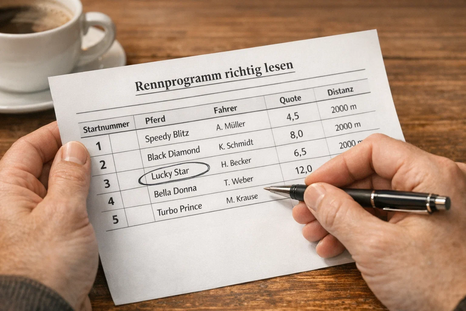 Person studiert ein Rennprogramm mit Stift in der Hand vor einem Trabrennen