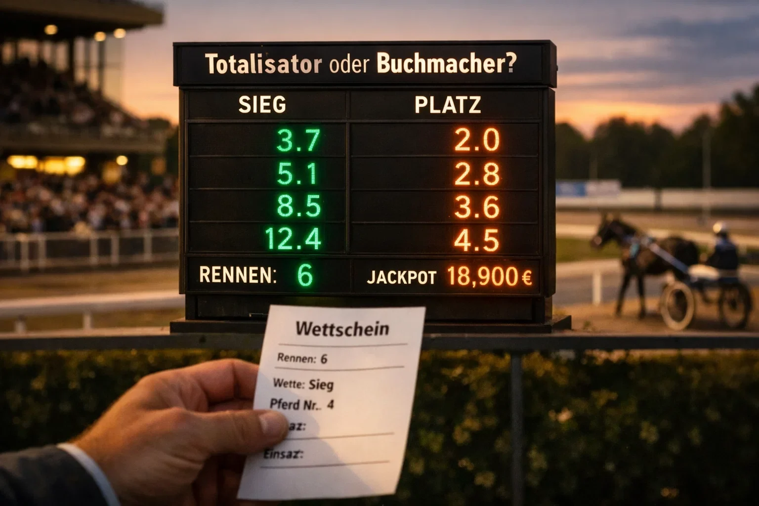 Wettschalter an einer Trabrennbahn mit Anzeigetafel – Totalisator und Buchmacher im Vergleich