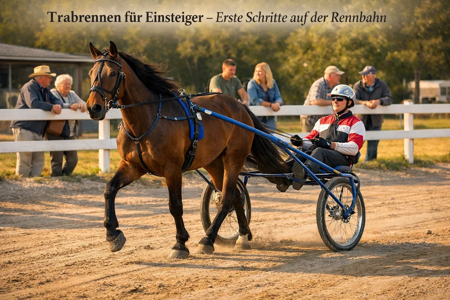 Traber mit Sulky und Fahrer beim Aufwärmen vor einem Rennen auf einer Sandbahn