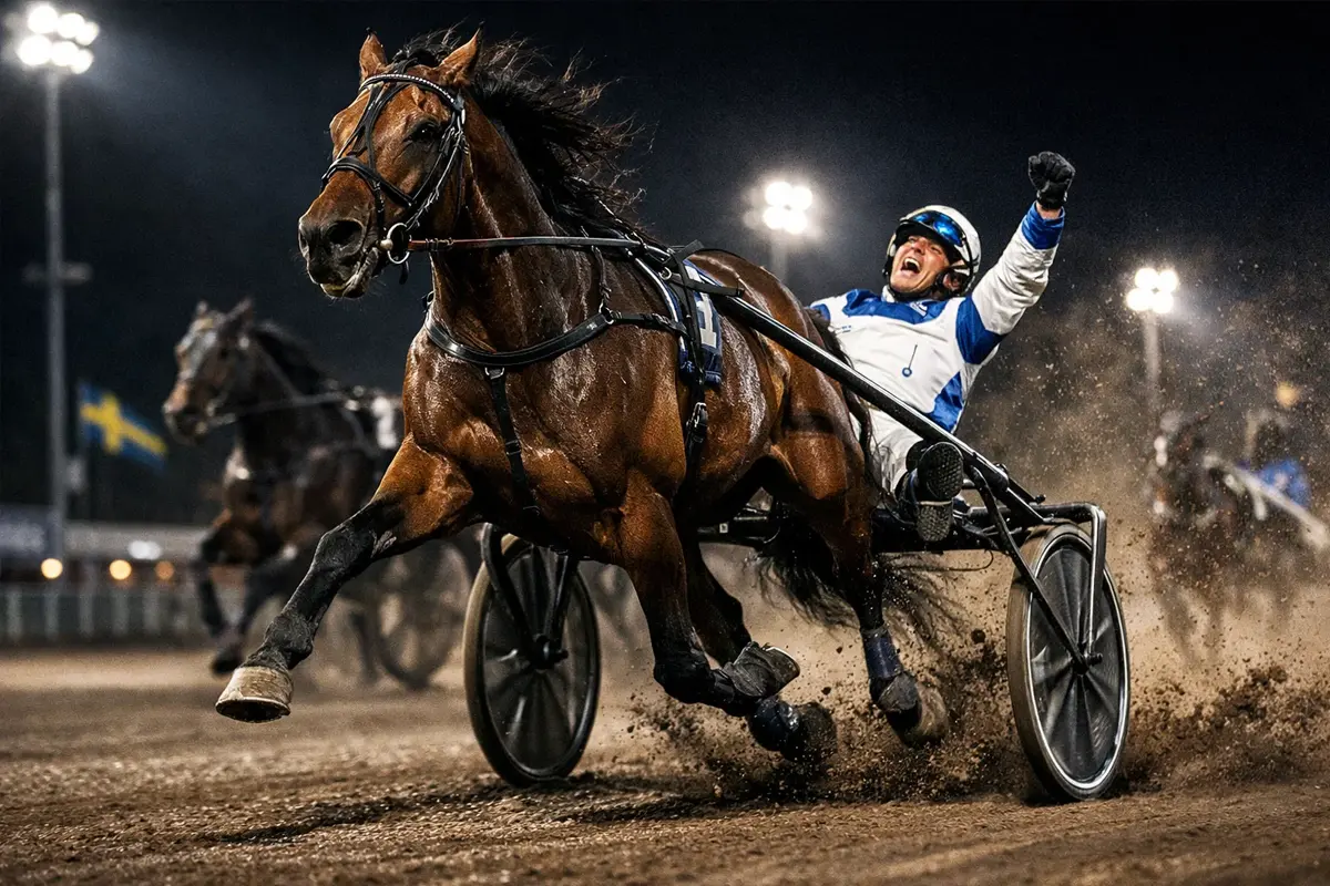 Traber mit Sulky im Zieleinlauf auf schwedischer Rennbahn