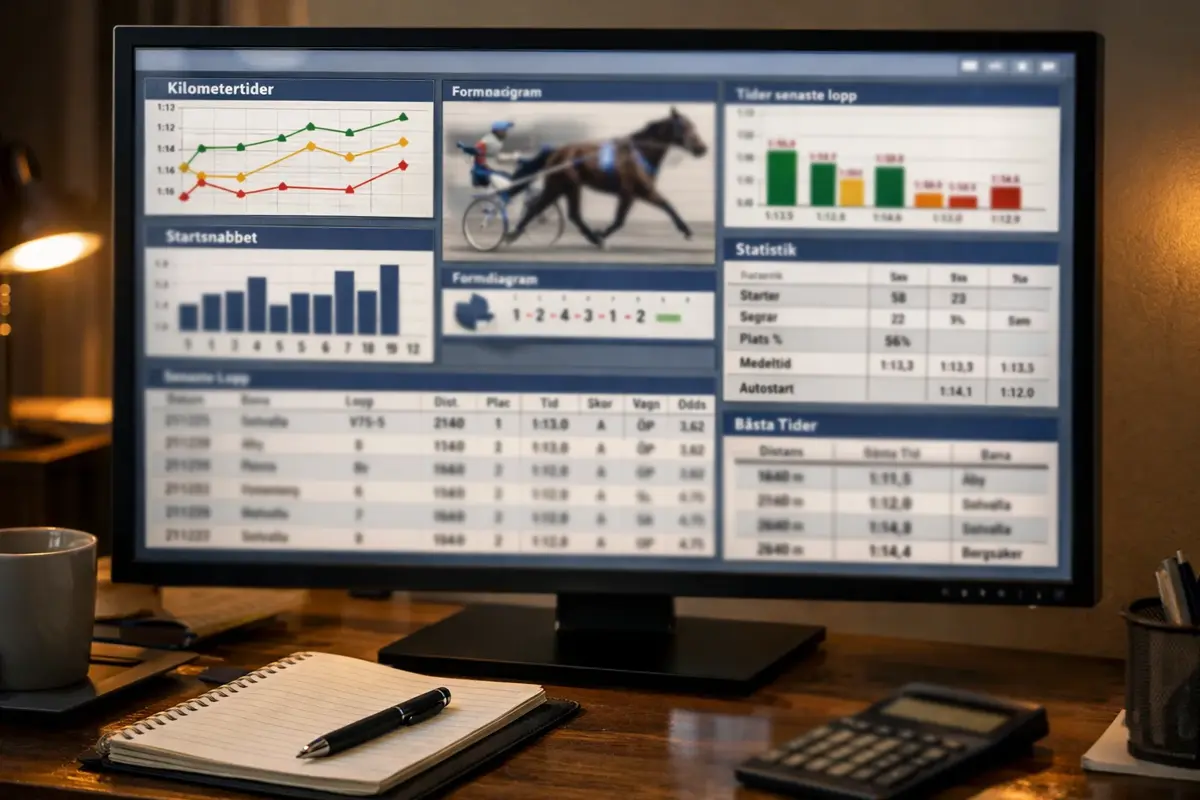 Bildschirm zeigt Trabrennen-Statistiken und Kilometerzeiten