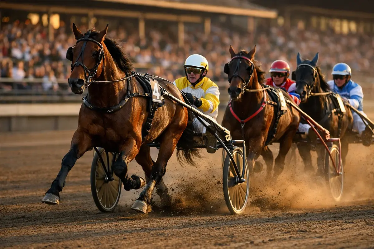 Spannendes Trabrennen auf der Rennbahn mit Sulky-Fahrern im Wettkampf