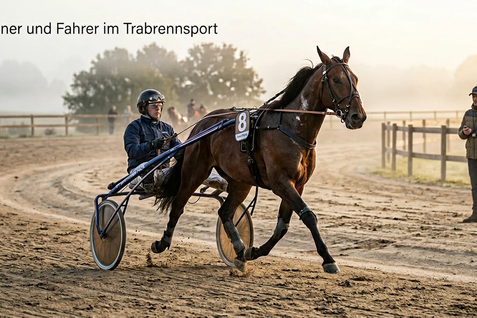 Trabrennen-Fahrer im Sulky während des Trainings auf der Sandbahn