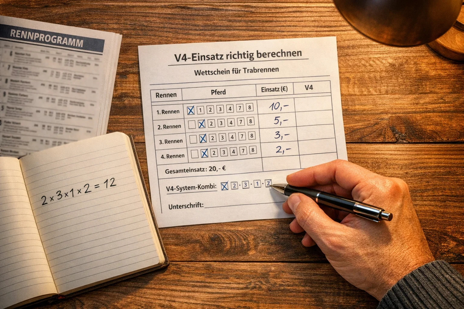Hand füllt einen V4-Wettschein aus neben einem Notizbuch mit Berechnungen