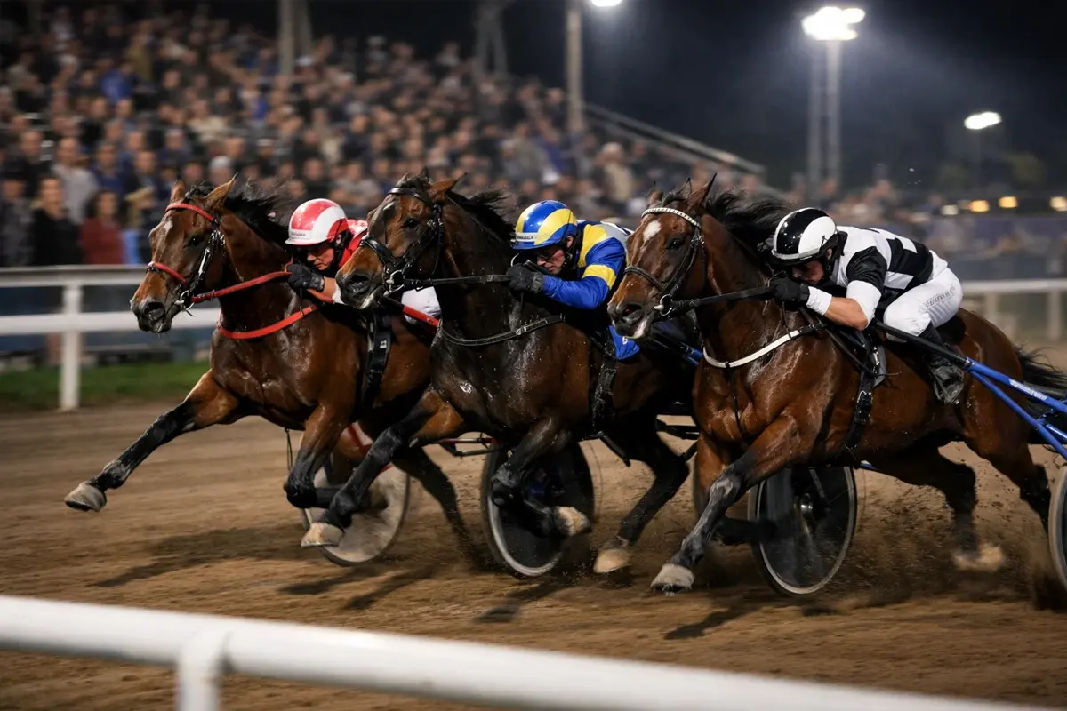 Spannende Zieleinkunft bei einem schwedischen Trabrennen