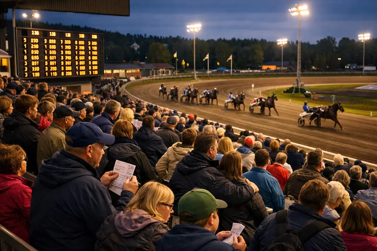 Zuschauer auf einer Trabrennbahn verfolgen das Rennen