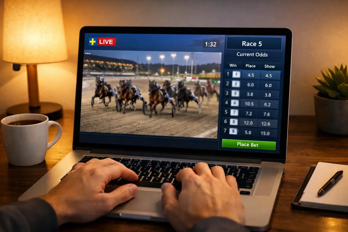 Laptop mit Pferdewetten-Plattform und Trabrennen-Stream