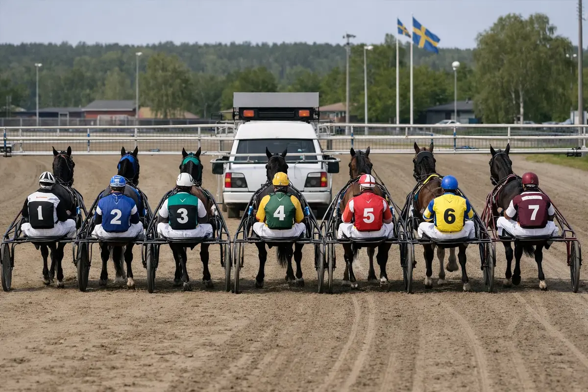 Sieben Traber auf der Startlinie einer Rennbahn