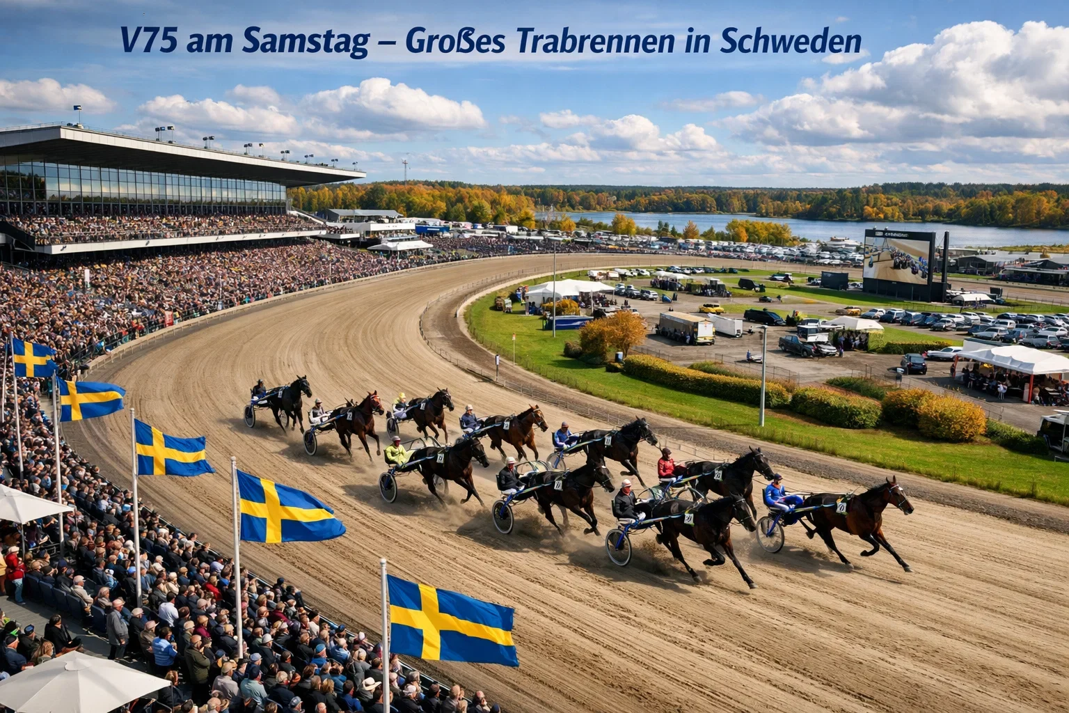 Volles Trabrennen-Stadion in Schweden an einem V75-Samstag mit Zuschauern und Rennbahn