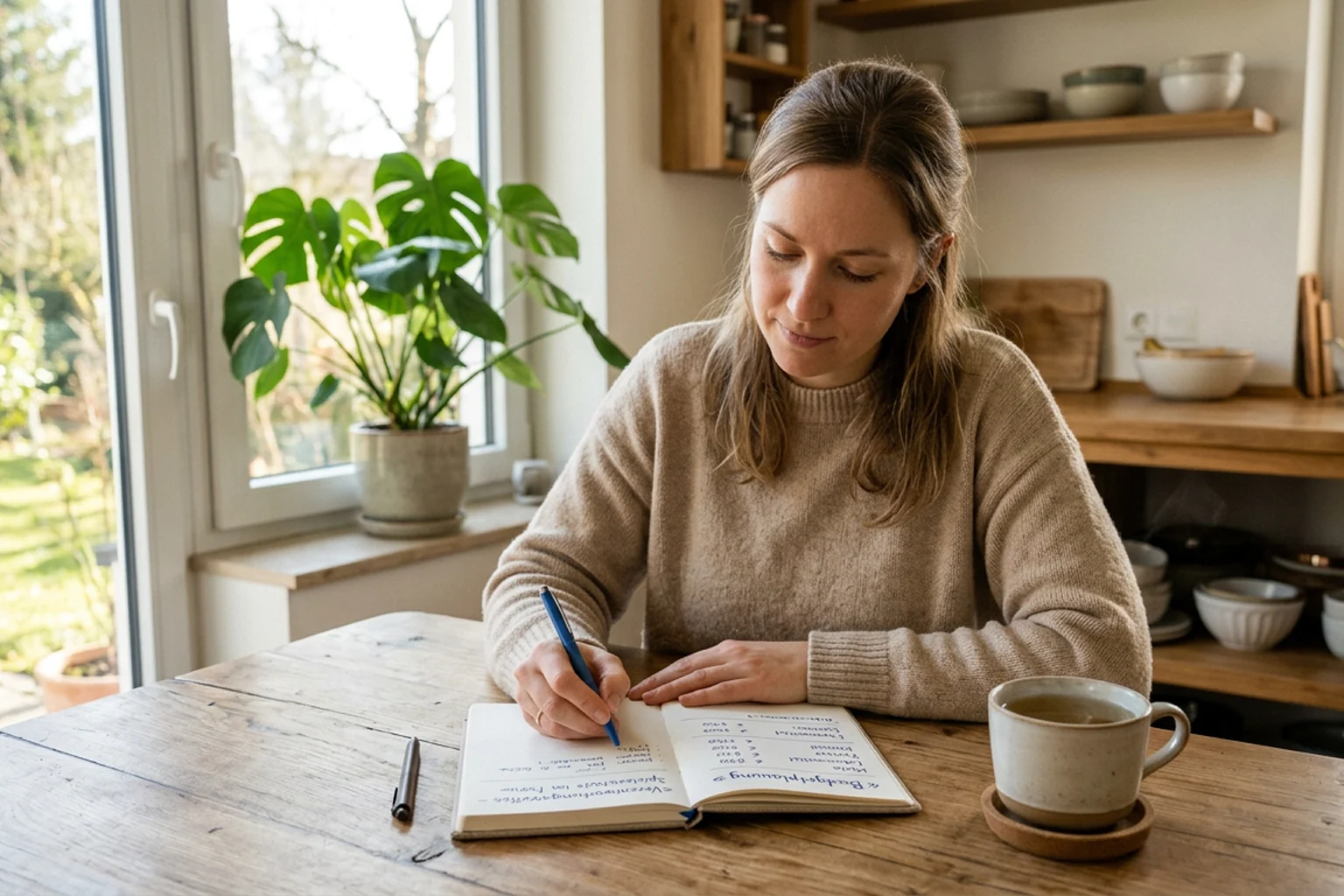 Person setzt sich ein Wettbudget-Limit in einem Notizbuch