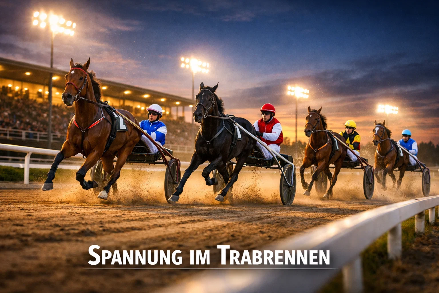Trabrennen mit Sulkys auf einer Rennbahn bei Flutlicht – Verbundwetten im Pferderennsport