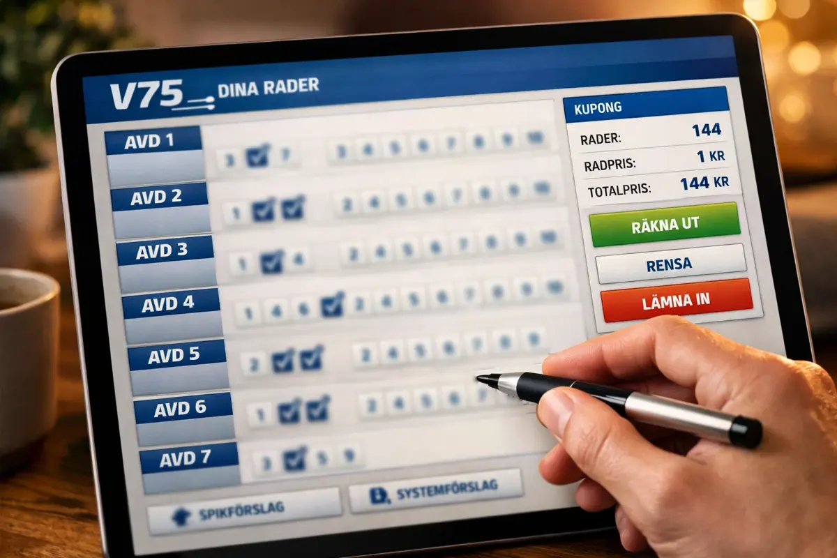 V75-Wettschein mit Rennauswahl auf schwedischer Plattform