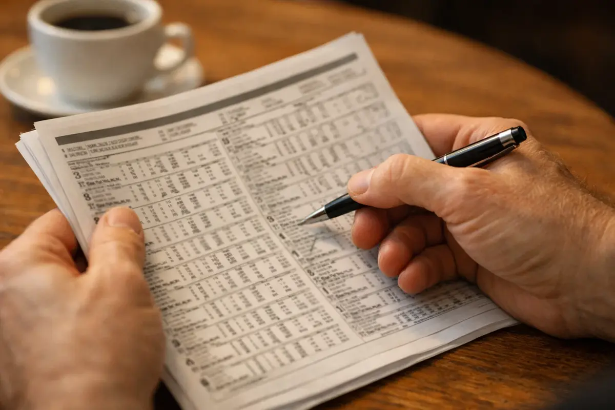 Wettschein und Stift auf einem Tisch mit Rennprogramm